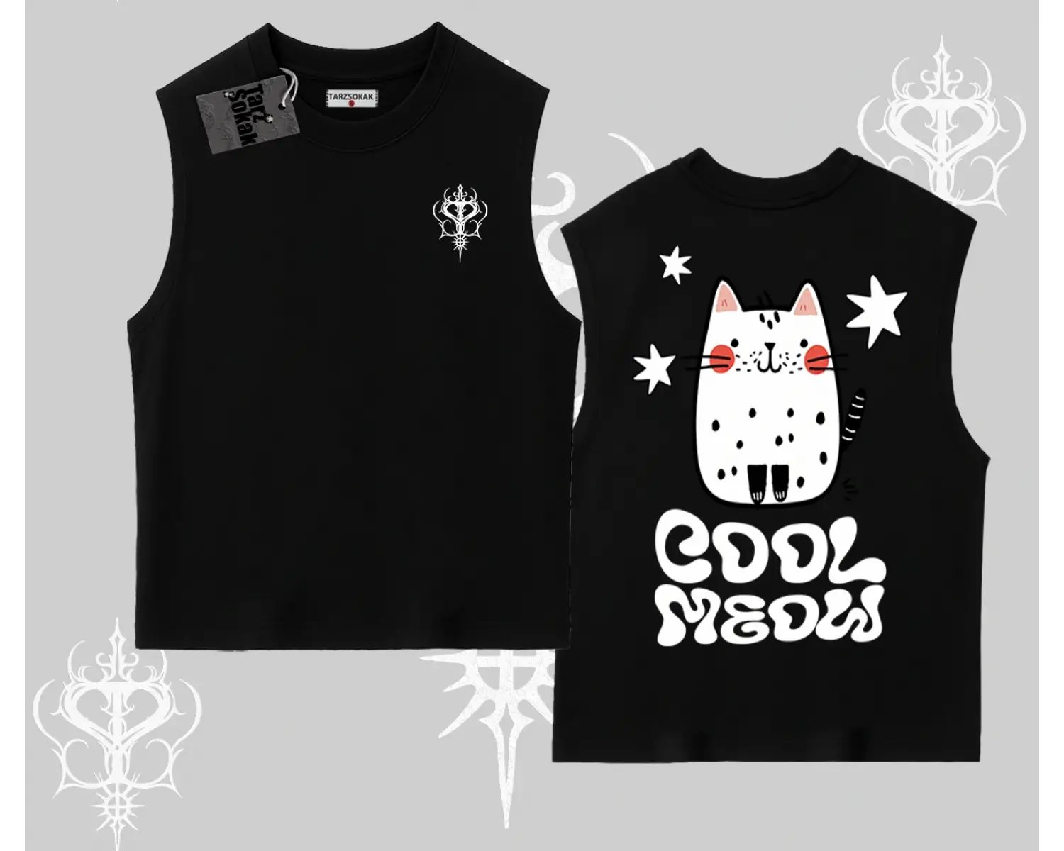 Cool Meow Yazılı Sevimli Kedi Arka Baskılı Kolsuz Tshirt