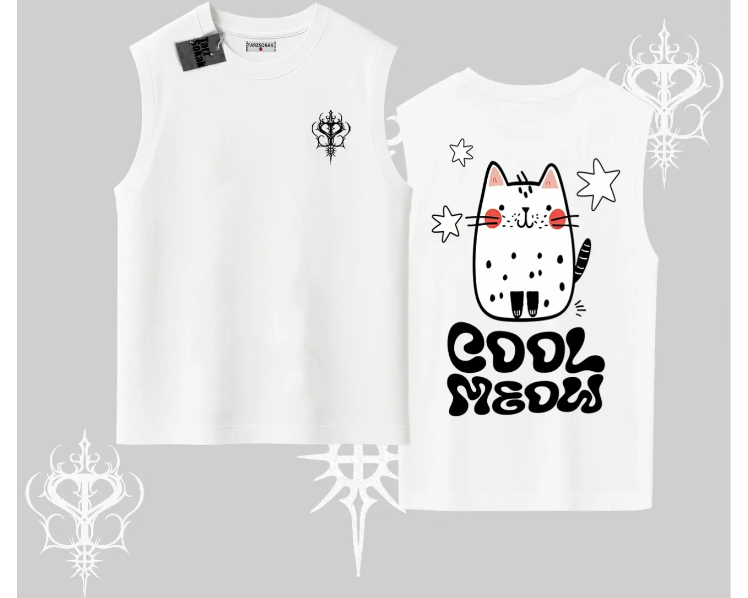 Cool Meow Yazılı Sevimli Kedi Arka Baskılı Kolsuz Tshirt