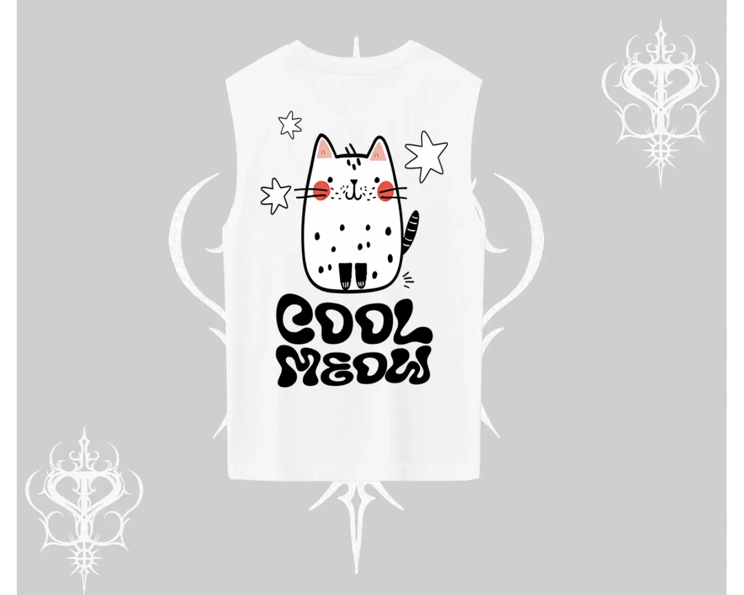 Cool Meow Yazılı Sevimli Kedi Arka Baskılı Kolsuz Tshirt