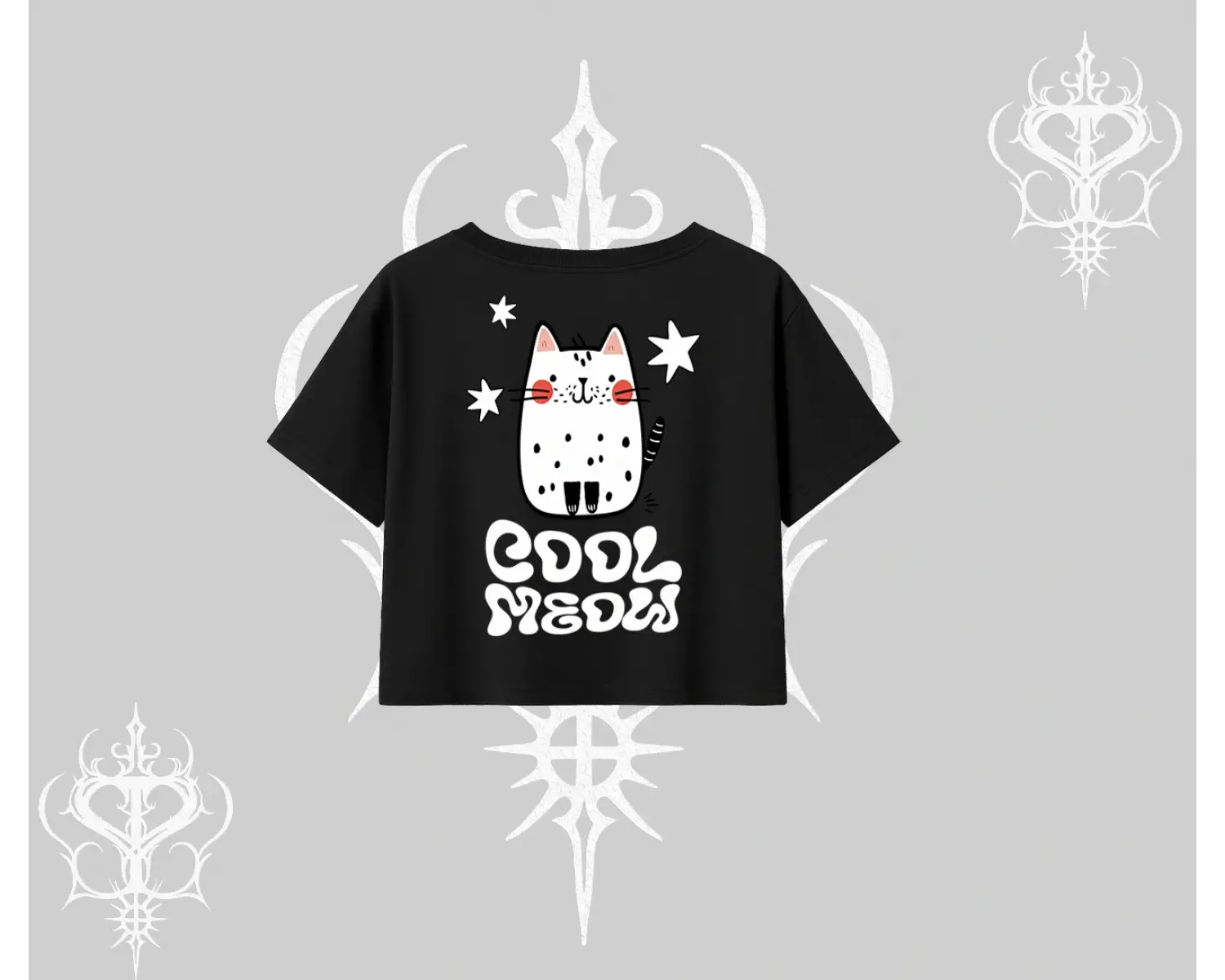 Cool Meow Yazılı Sevimli Kedi Arka Baskılı Oversize Crop Tshirt