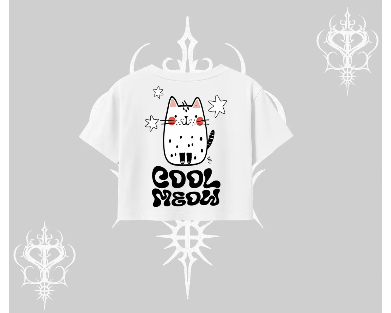 Cool Meow Yazılı Sevimli Kedi Arka Baskılı Oversize Crop Tshirt