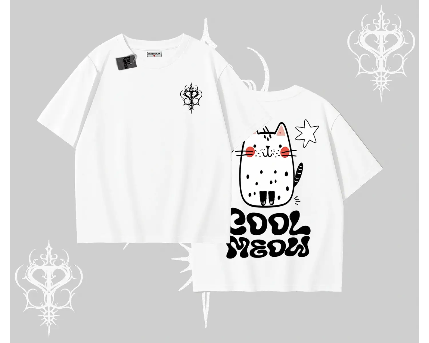 Cool Meow Yazılı Sevimli Kedi Arka Baskılı Oversize Tshirt