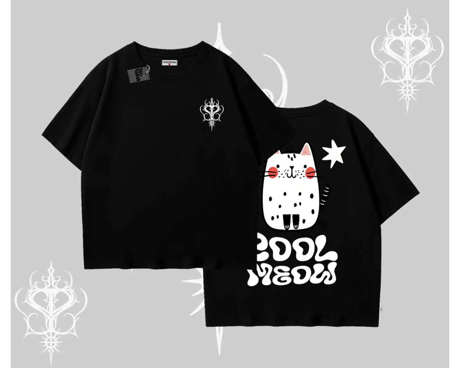 Cool Meow Yazılı Sevimli Kedi Arka Baskılı Oversize Tshirt