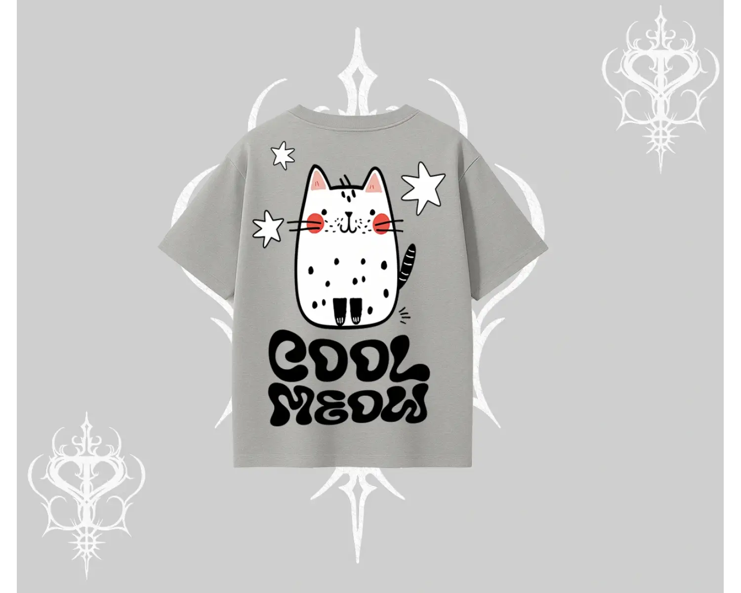 Cool Meow Yazılı Sevimli Kedi Arka Baskılı Oversize Tshirt