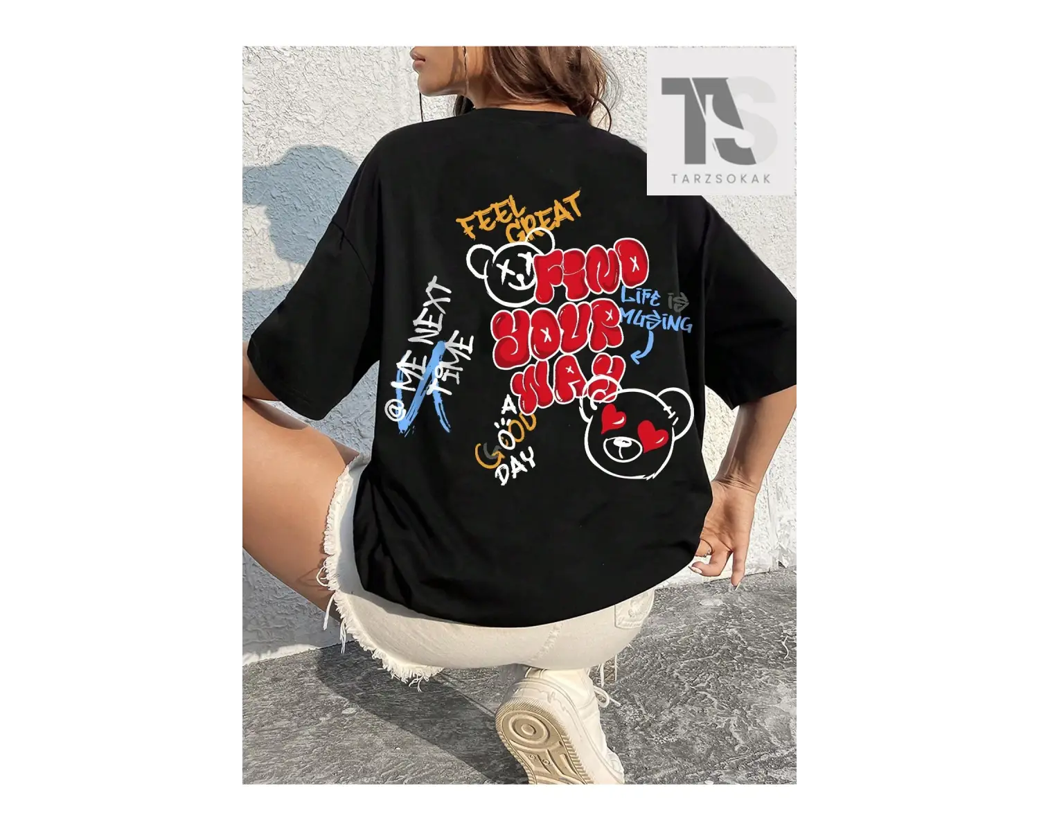 Coolane Graffiti Bear İngilizce Baskılı Kadın Beyaz Salaş Kısa Kollu Tişört