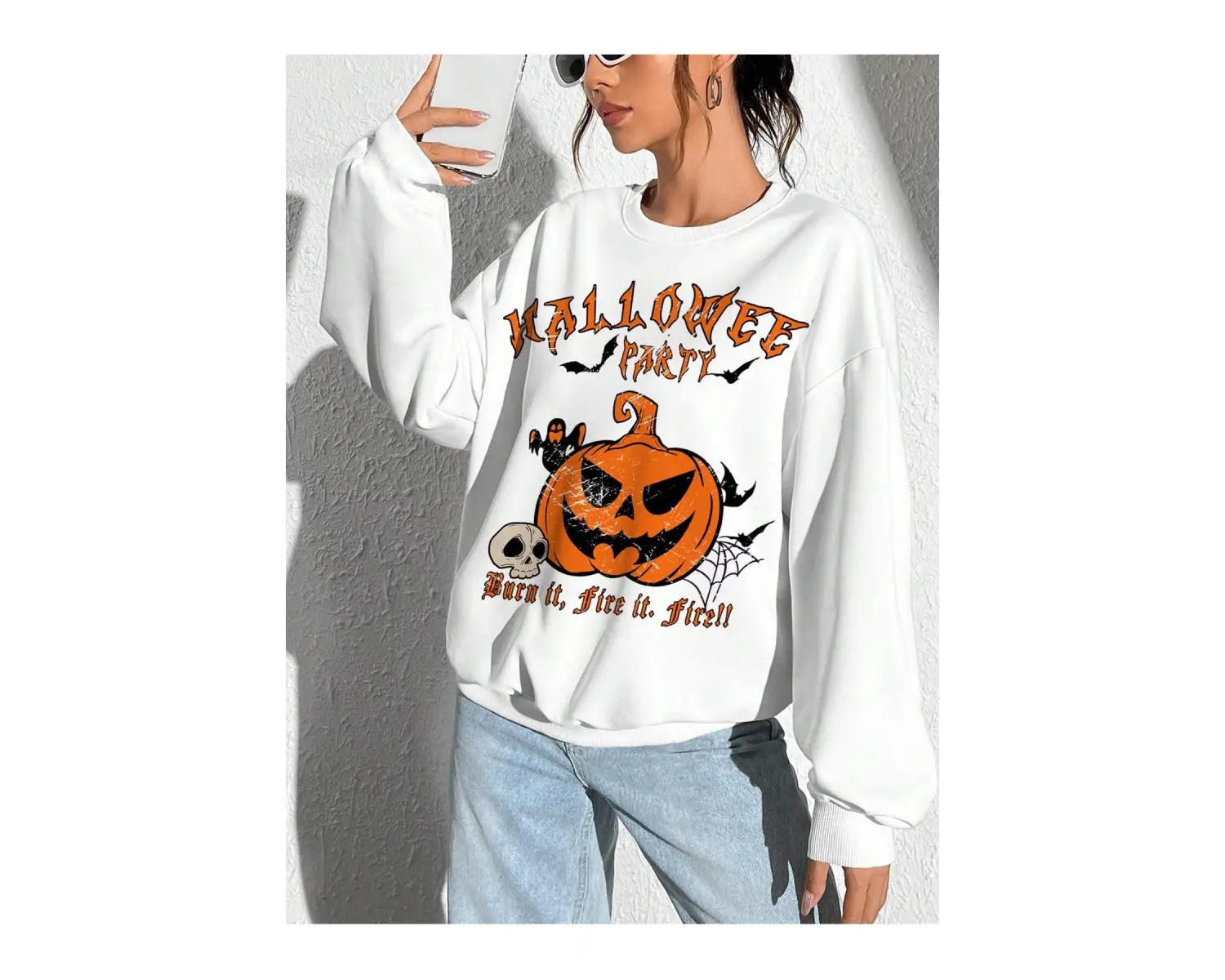 Coolane Halloween Print Drop Shoulder Oversize Sweatshirt Beyaz