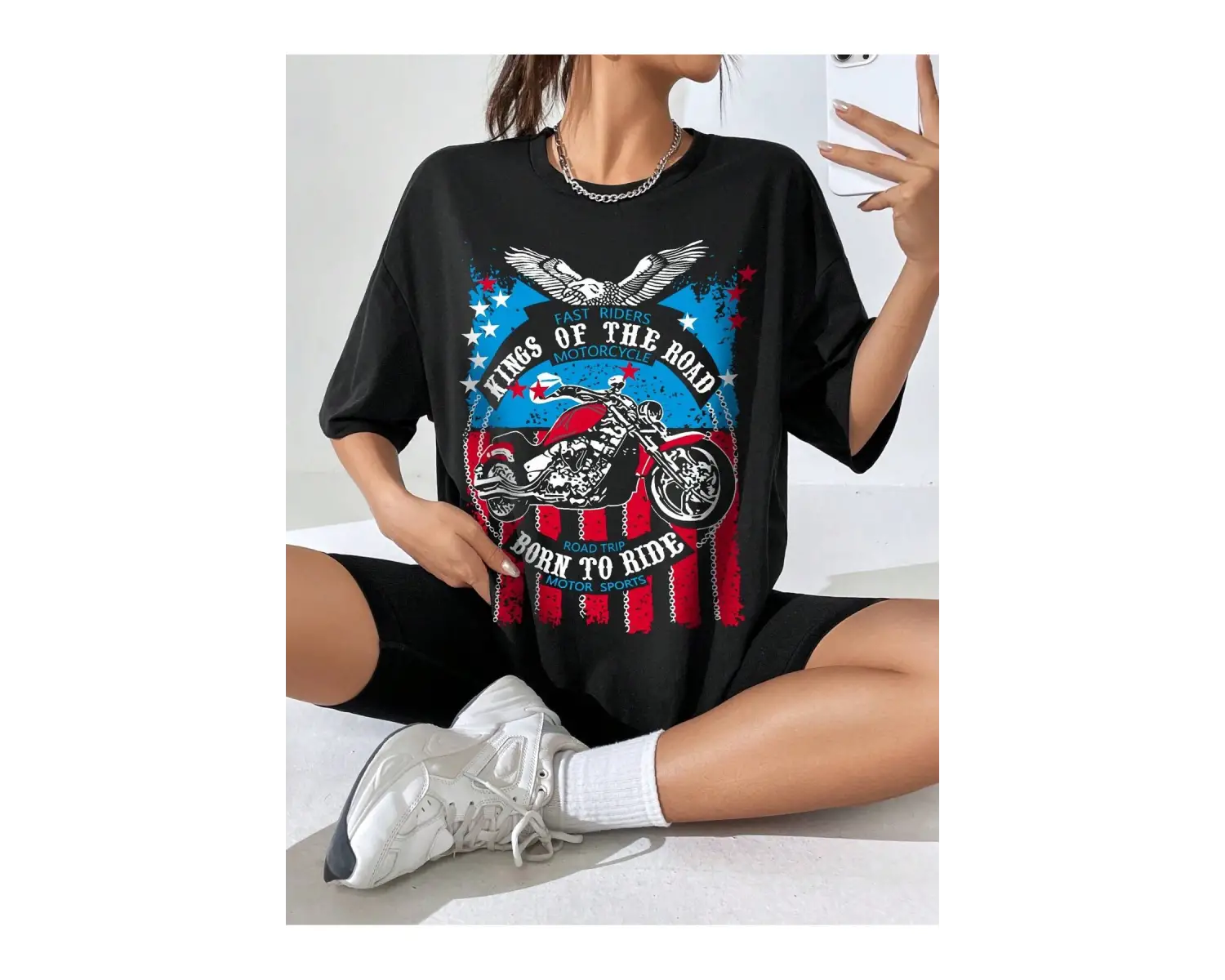 Coolane Motosiklet ve Slogan Grafikli Düşük Omuzlu Büyük Boy Tişört