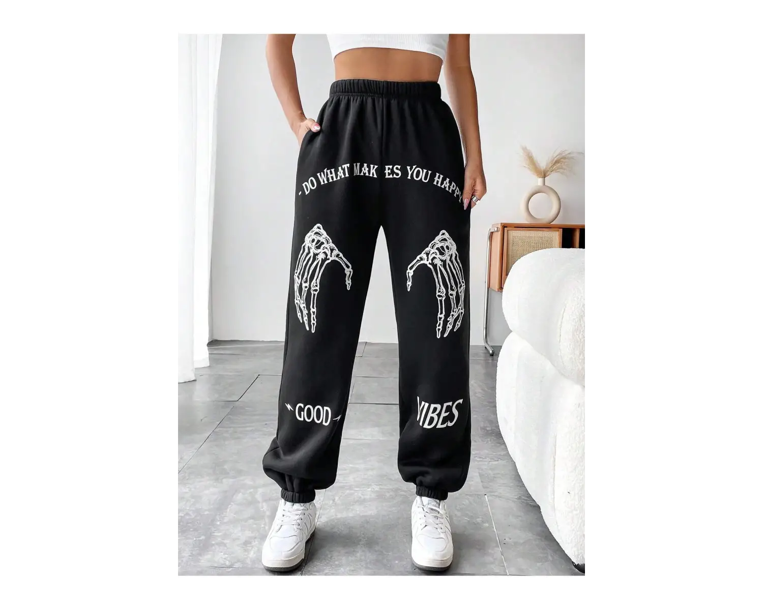 Coolane Skeleton Hand & Letter Graphic Elastic Waist 4 Mevsim Eşofman