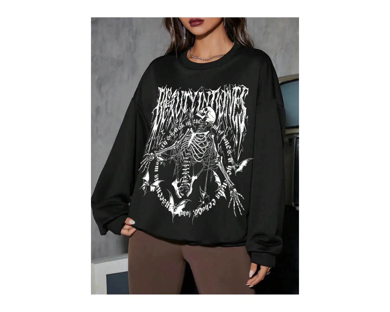 Coolane Skeleton & Letter Graphic Drop Shoulder Sweatshirt Siyah