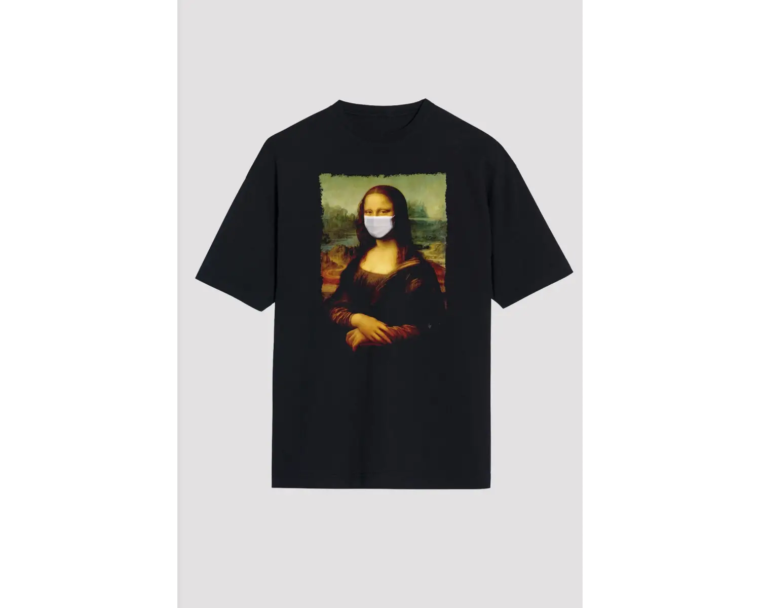 Covid Korona Mona Lisa Baskılı Unisex Siyah Oversize Tişört