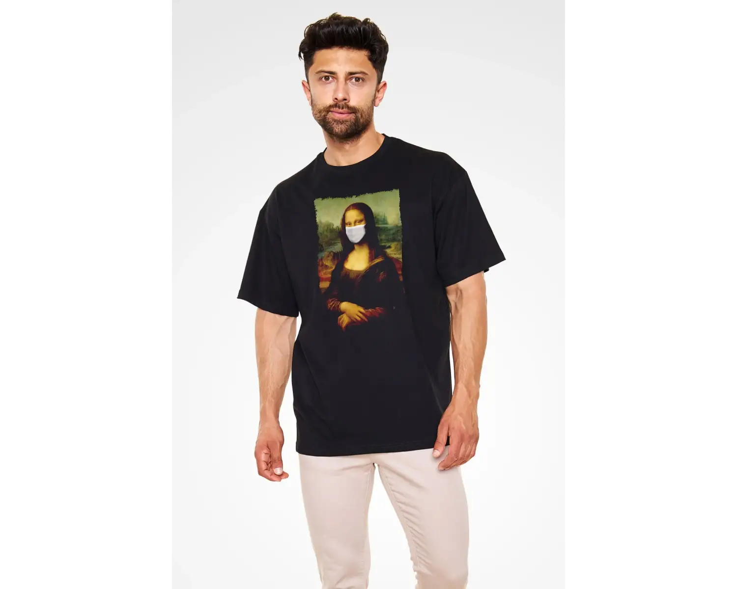 Covid Korona Mona Lisa Baskılı Unisex Siyah Oversize Tişört