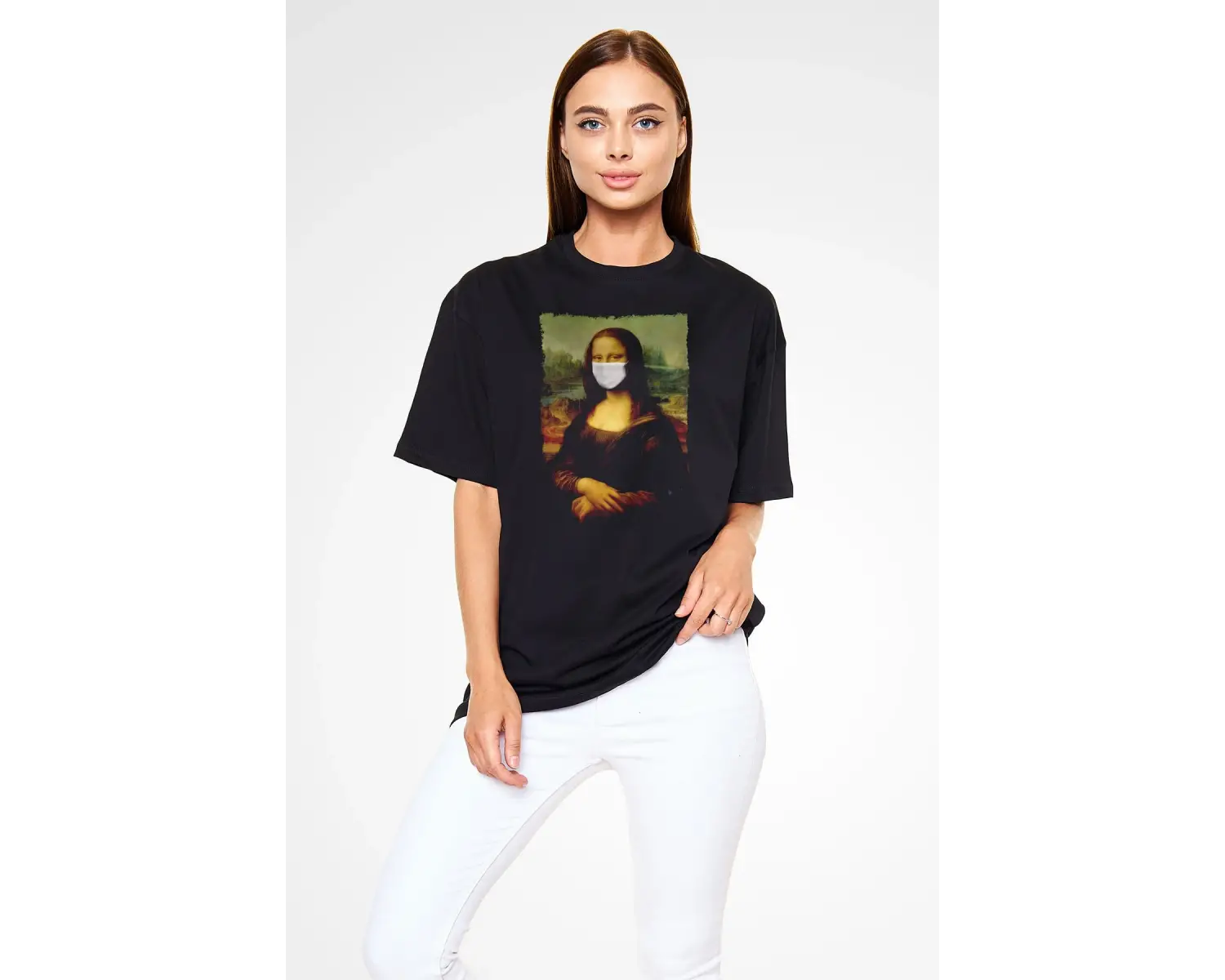 Covid Korona Mona Lisa Baskılı Unisex Siyah Oversize Tişört