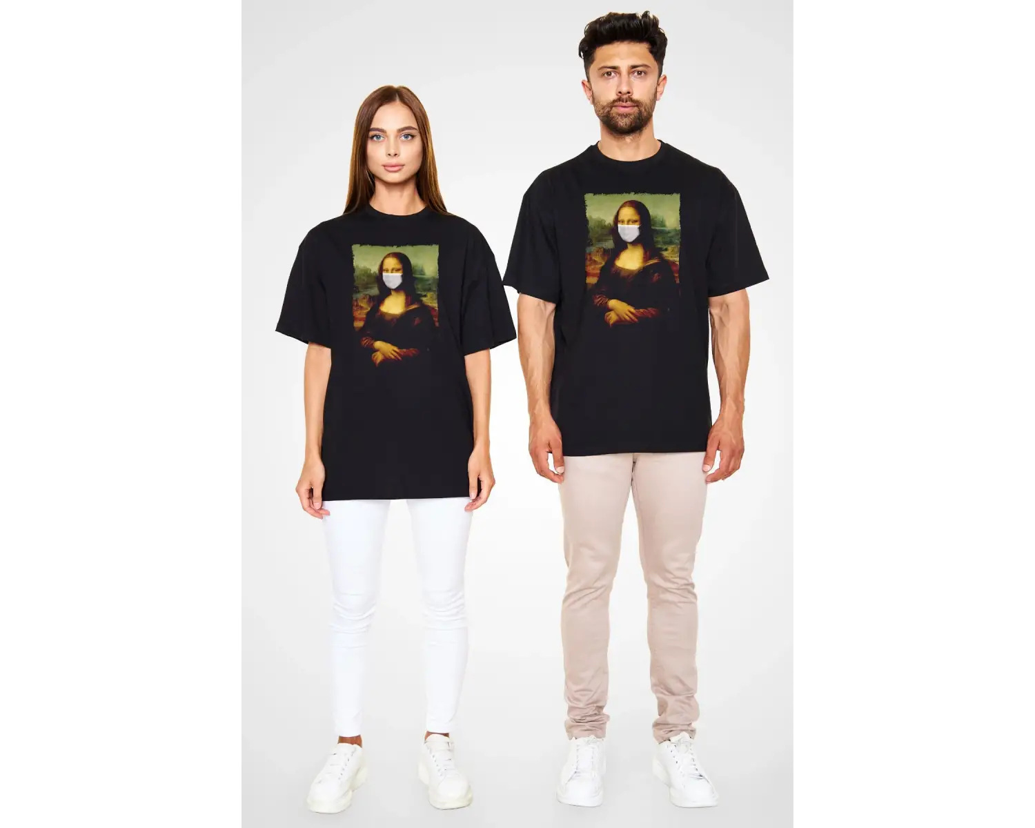 Covid Korona Mona Lisa Baskılı Unisex Siyah Oversize Tişört