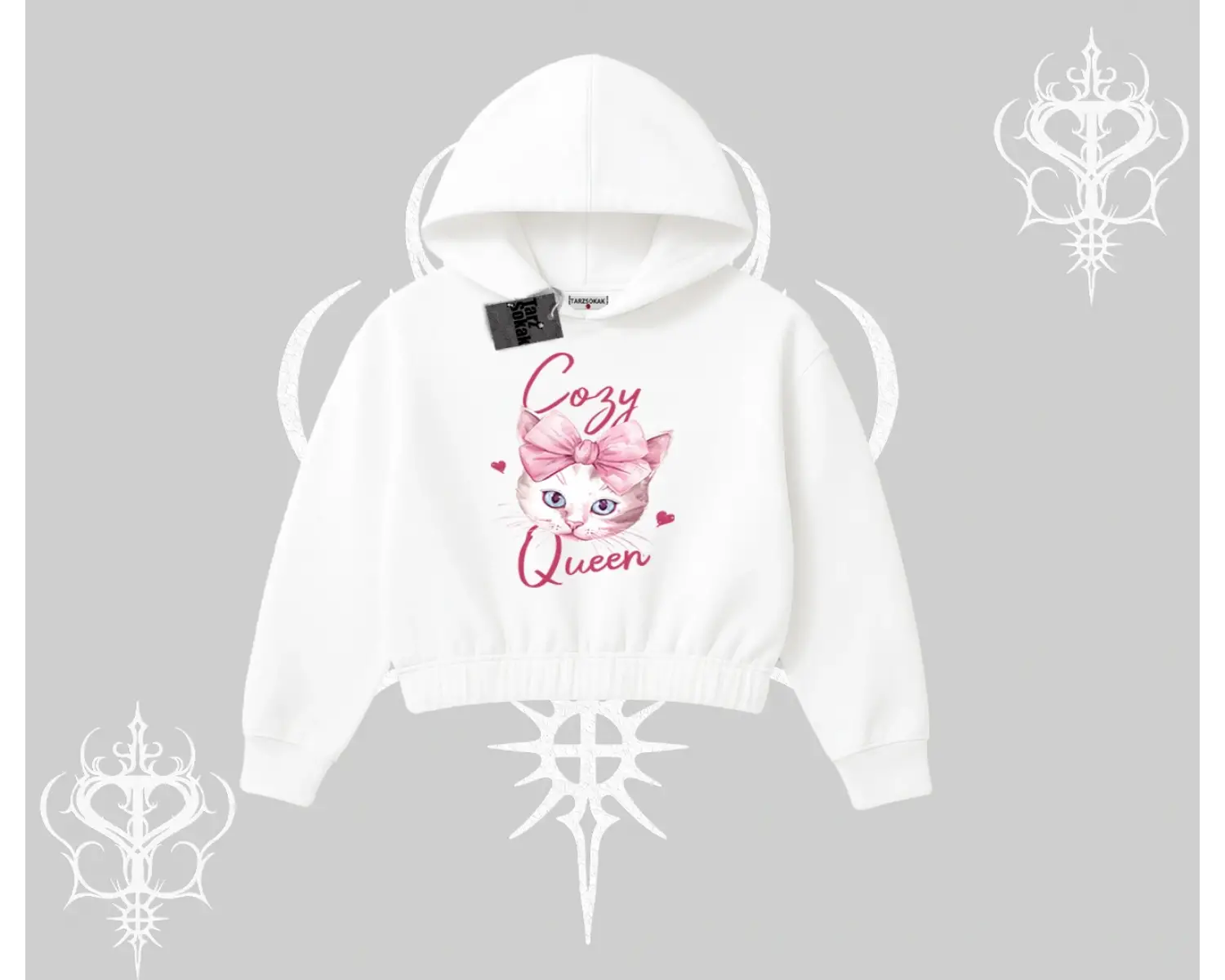 Cozy Queen Kedi Baskılı Kapşonlu Crop Sweatshirt