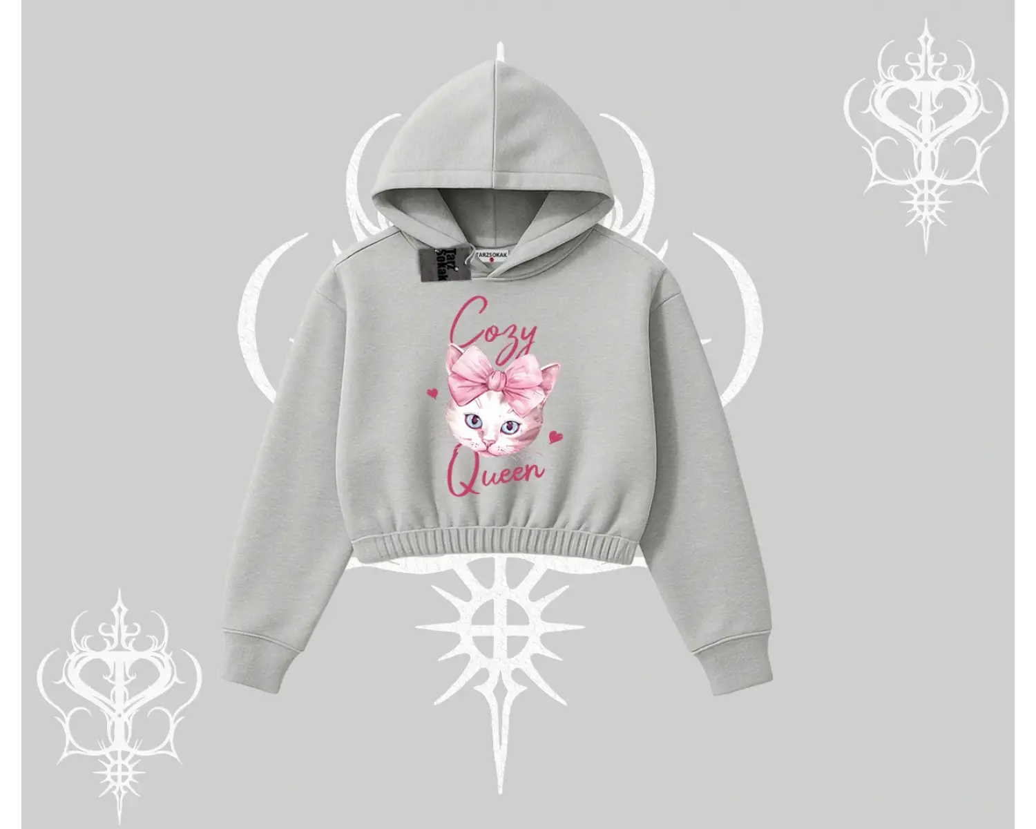 Cozy Queen Kedi Baskılı Kapşonlu Crop Sweatshirt