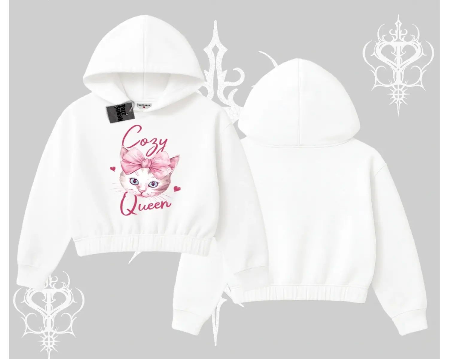 Cozy Queen Kedi Baskılı Kapşonlu Crop Sweatshirt