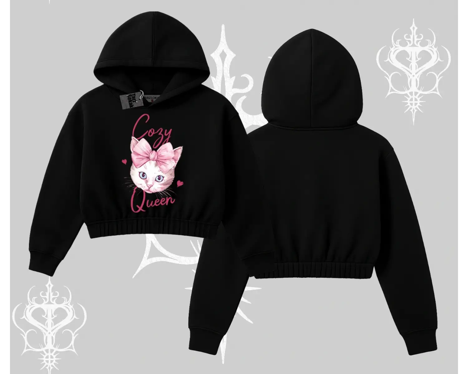 Cozy Queen Kedi Baskılı Kapşonlu Crop Sweatshirt