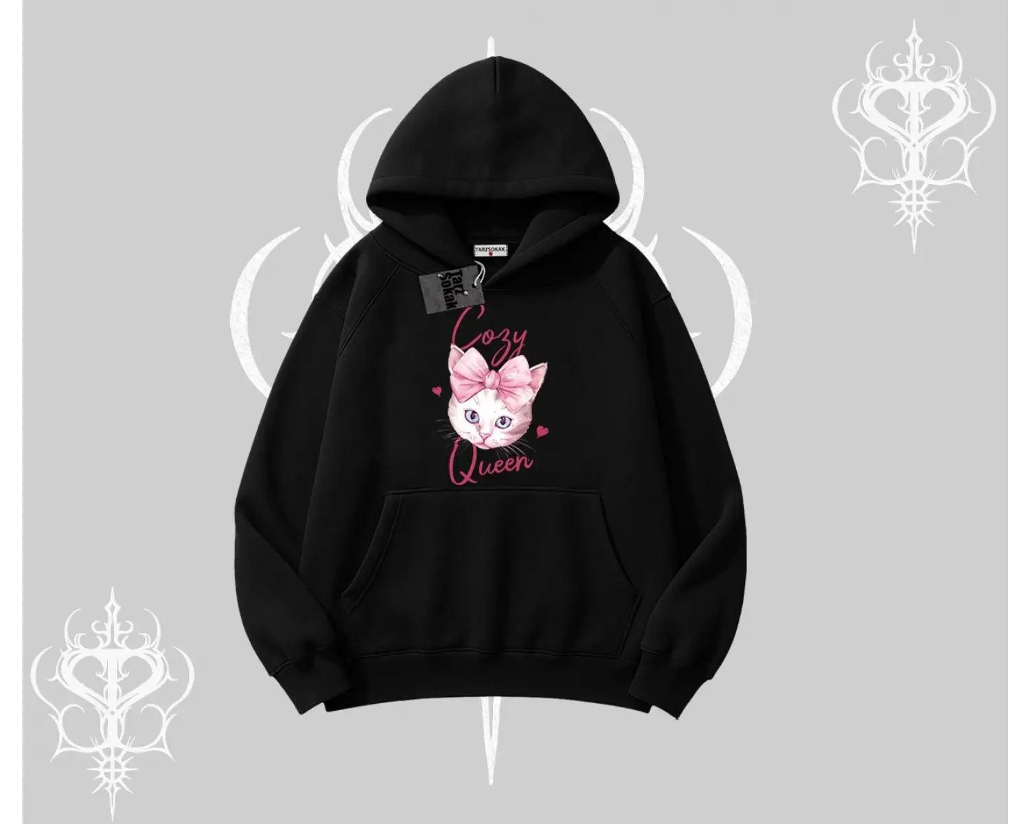 Cozy Queen Kedi Baskılı Kapşonlu Sweatshirt