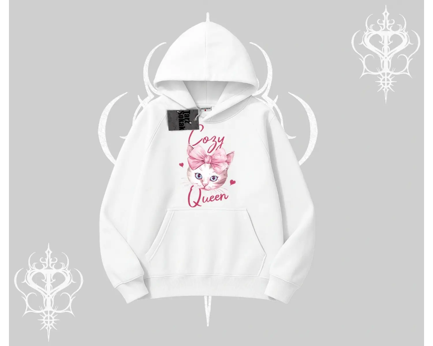 Cozy Queen Kedi Baskılı Kapşonlu Sweatshirt
