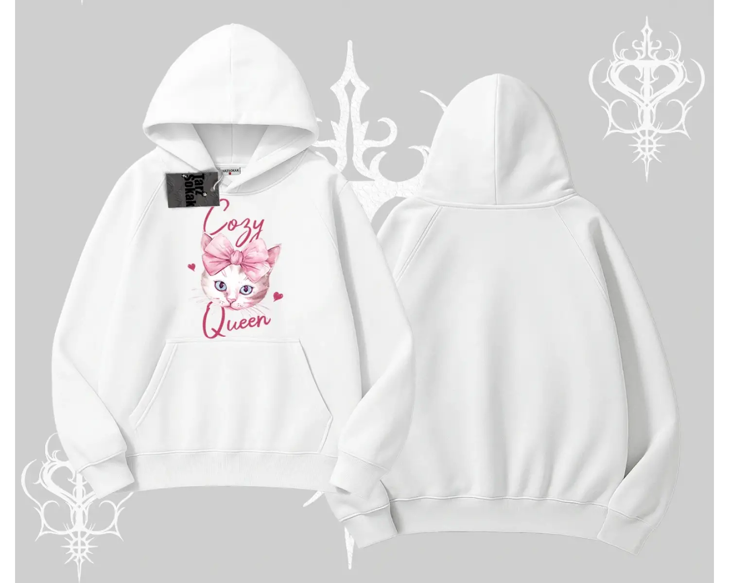 Cozy Queen Kedi Baskılı Kapşonlu Sweatshirt