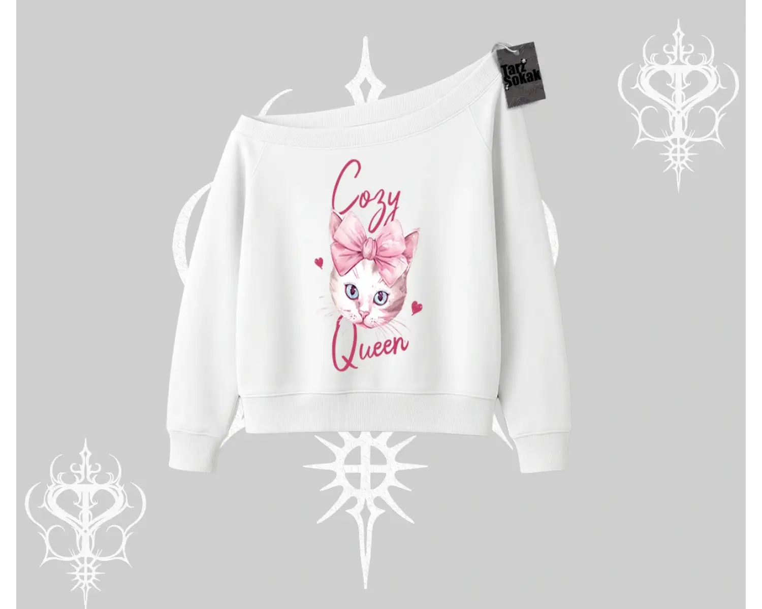 Cozy Queen Kedi Baskılı Kayık Yaka Sweatshirt