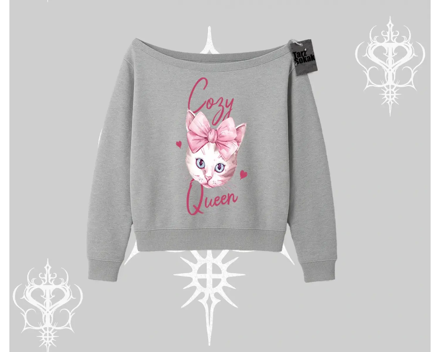 Cozy Queen Kedi Baskılı Kayık Yaka Sweatshirt