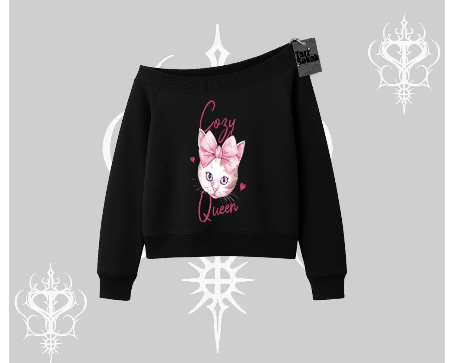 Cozy Queen Kedi Baskılı Kayık Yaka Sweatshirt