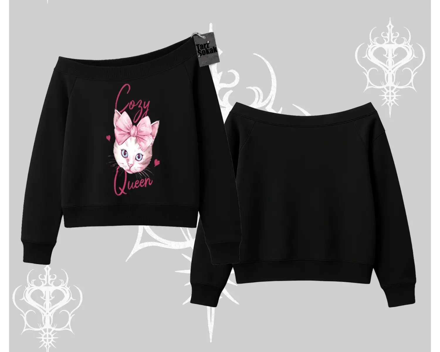 Cozy Queen Kedi Baskılı Kayık Yaka Sweatshirt