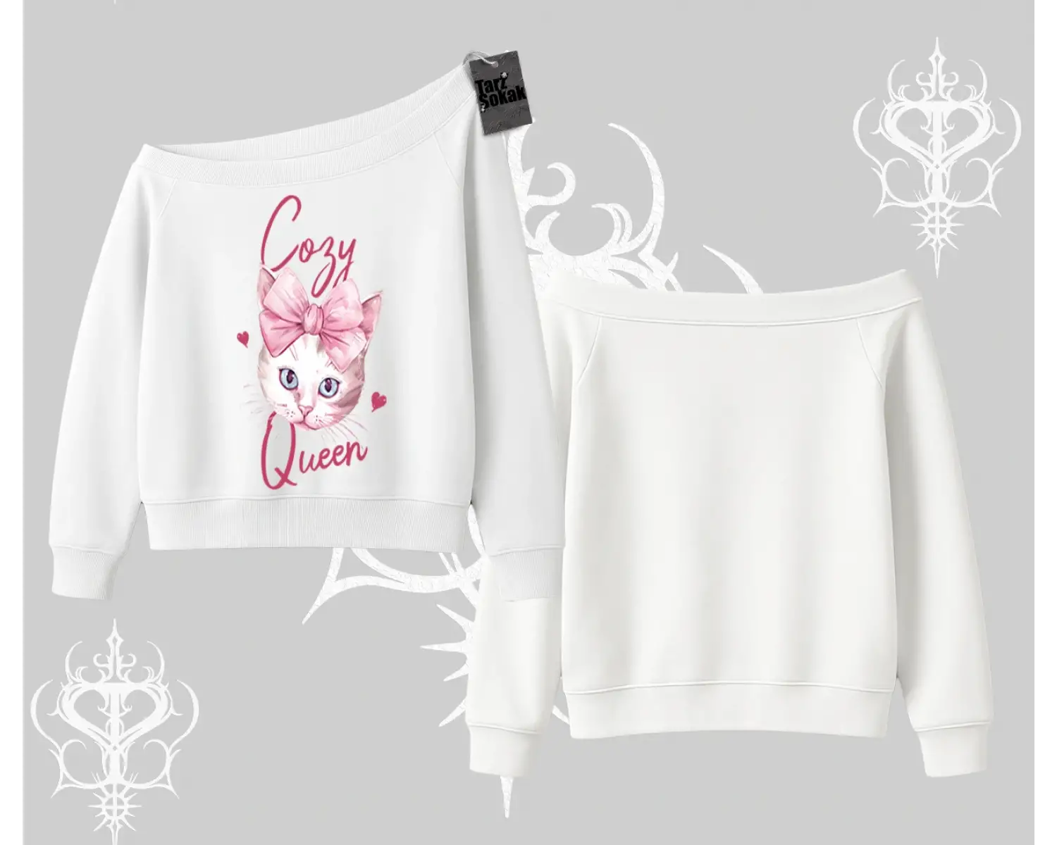 Cozy Queen Kedi Baskılı Kayık Yaka Sweatshirt