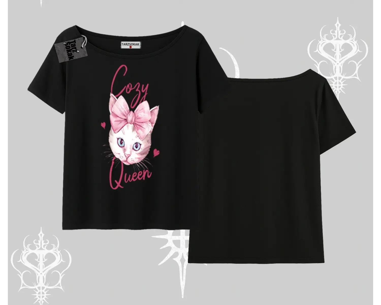 Cozy Queen Kedi Baskılı Kayık Yaka Tshirt