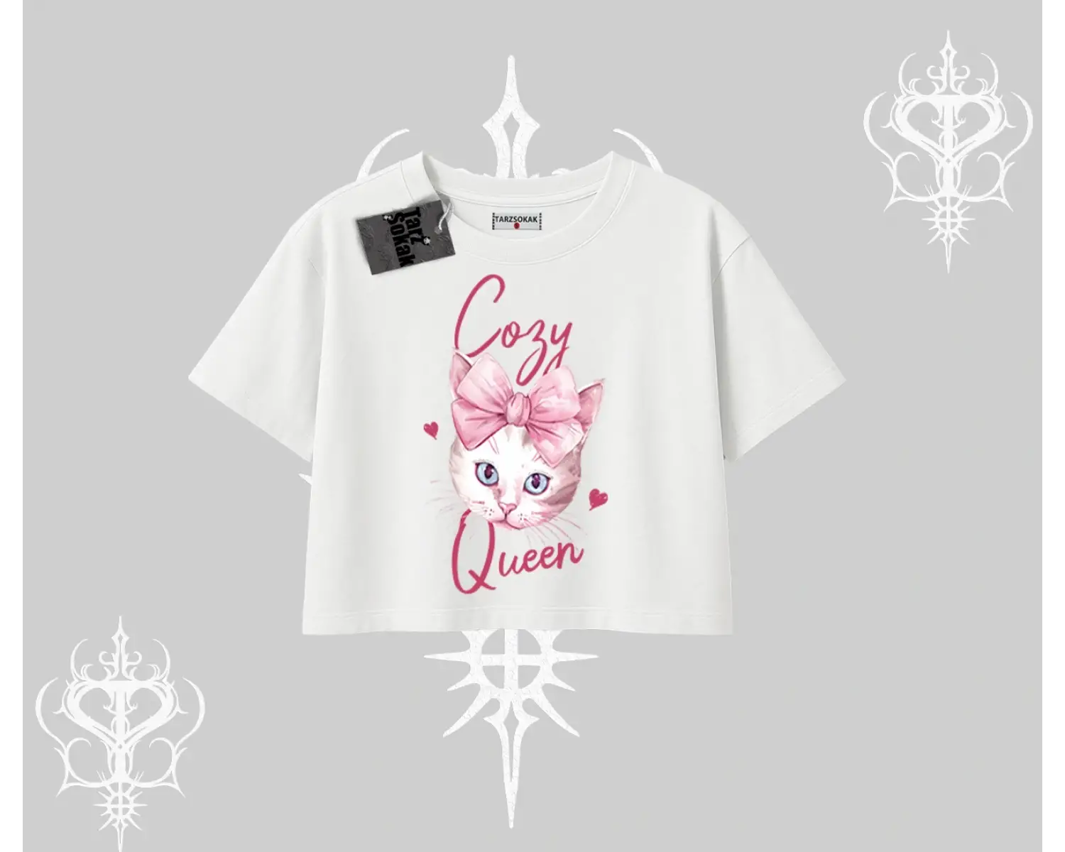Cozy Queen Kedi Baskılı Oversize Crop Tshirt