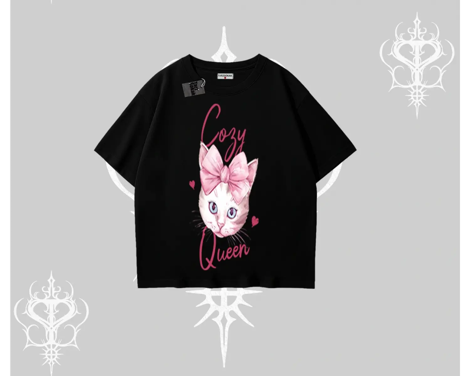 Cozy Queen Kedi Baskılı Oversize Tshirt