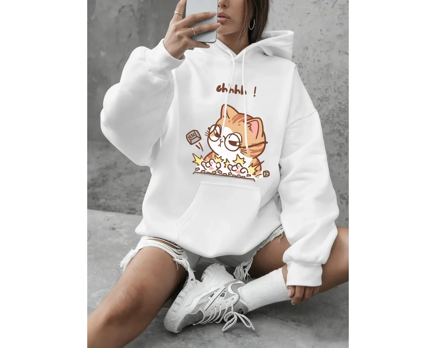 Crazy Cat Typing Wildly Baskılı Kapüşonlular Kadın Günlük Bol Sweatshirtler Kışlık Polar Sıca