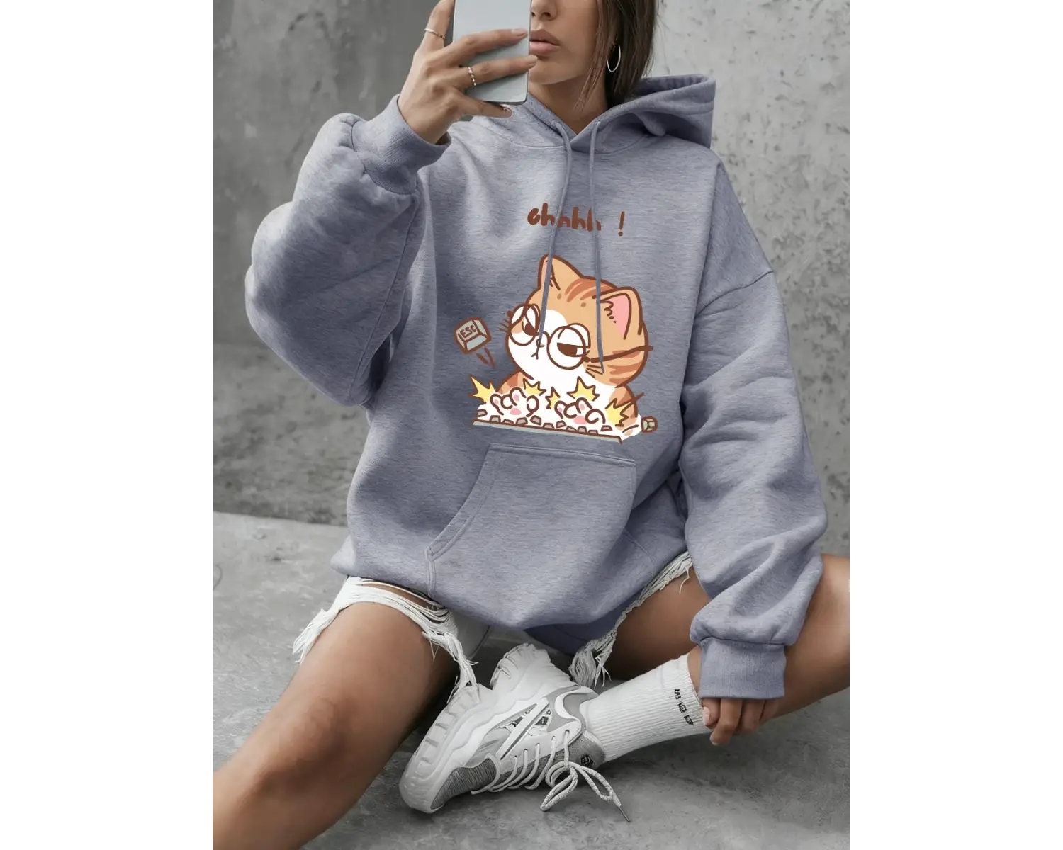 Crazy Cat Typing Wildly Baskılı Kapüşonlular Kadın Günlük Bol Sweatshirtler Kışlık Polar Sıca