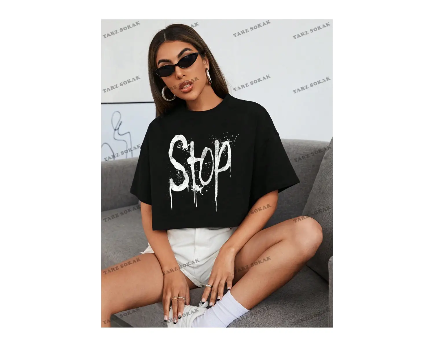 Crop CKOD-232913 Günlük Basit Yuvarlak Yaka Kısa Kollu Kadın  Harfli Sprey Boya Baskı, Yaz