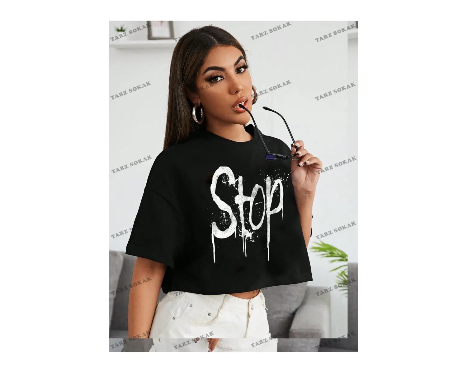 Crop CKOD-232913 Günlük Basit Yuvarlak Yaka Kısa Kollu Kadın  Harfli Sprey Boya Baskı, Yaz