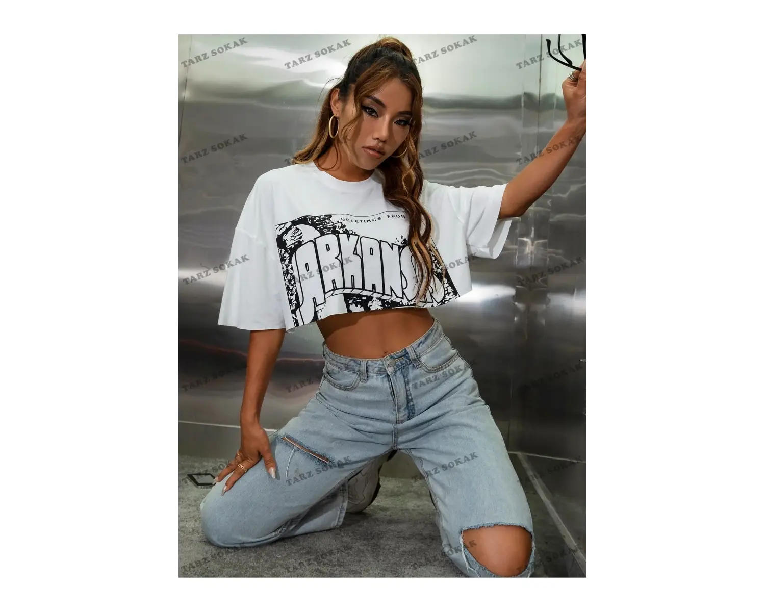 Crop CKOD-232913 Harf Grafikli Ham Etek