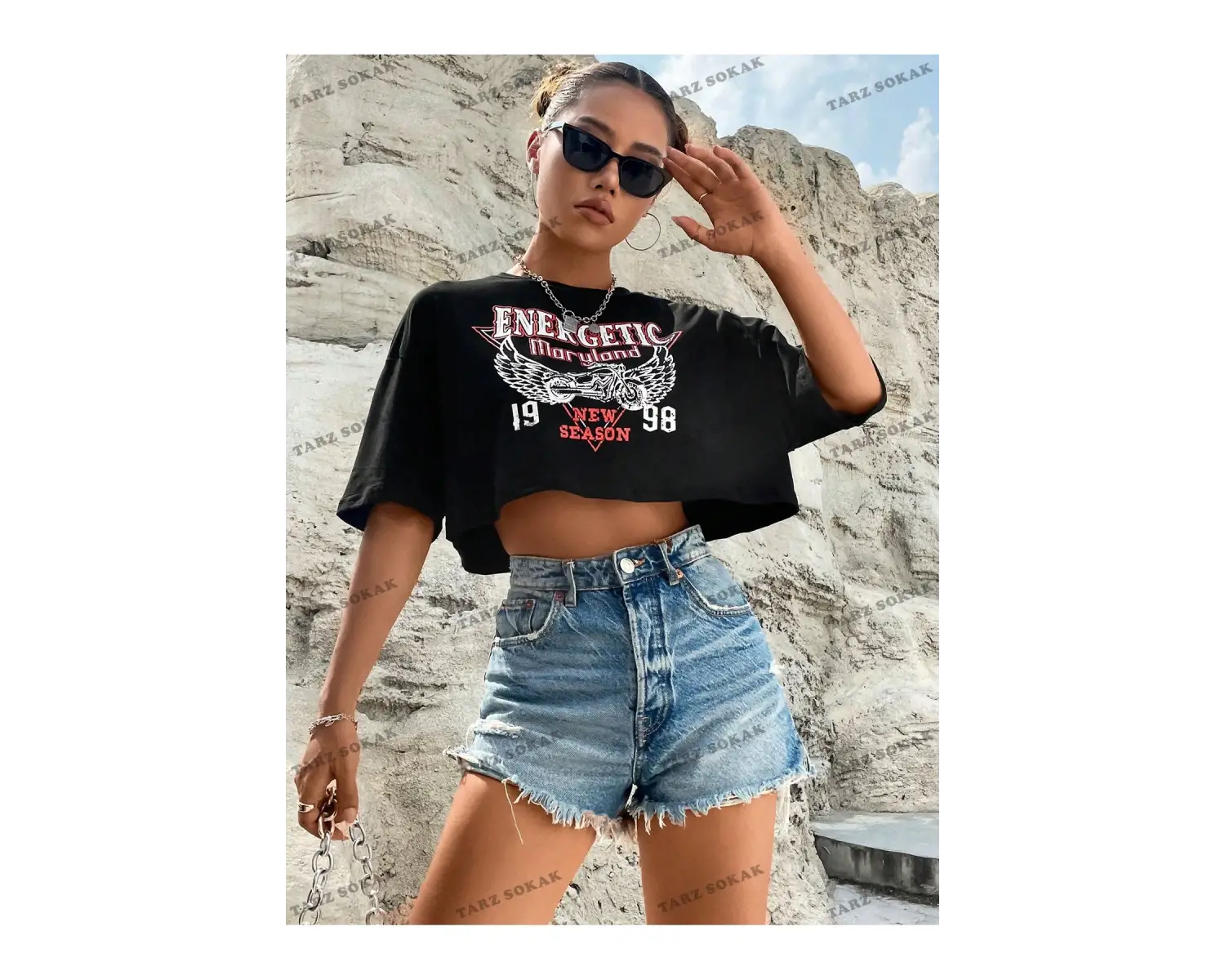 Crop CKOD-232913 Wings & Letter Grafikli Düşük Omuz Kısa