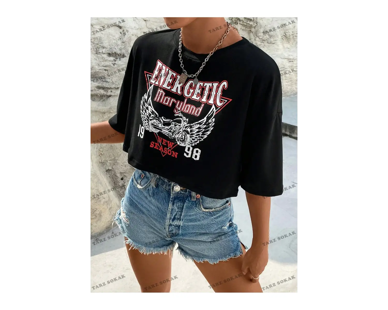 Crop CKOD-232913 Wings & Letter Grafikli Düşük Omuz Kısa