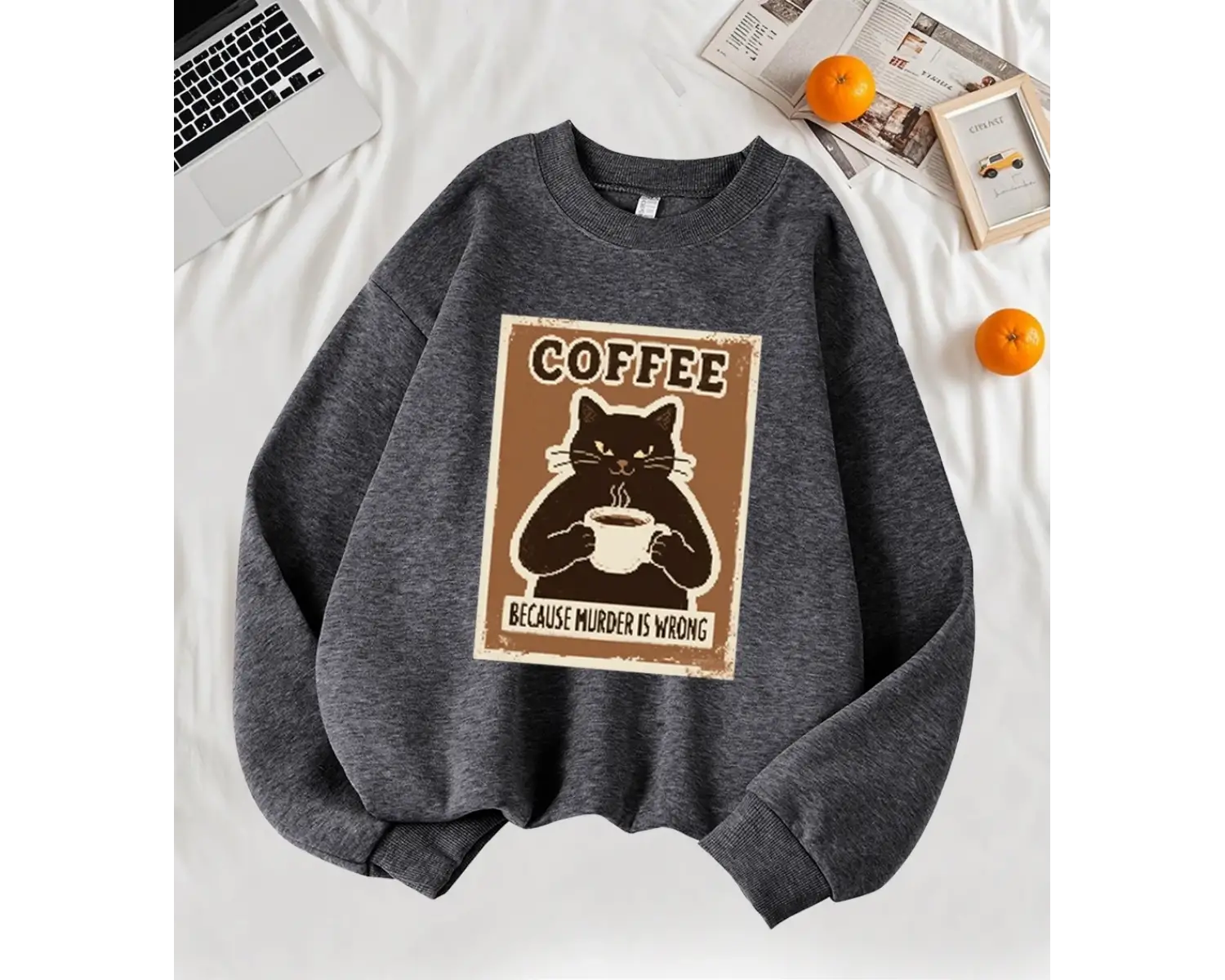 Çünkü Cinayet Yanlış Kahve Siyah Kedi Baskı Kazak Kadın Sonbahar Rahat Hipster Yumuşak Kazak