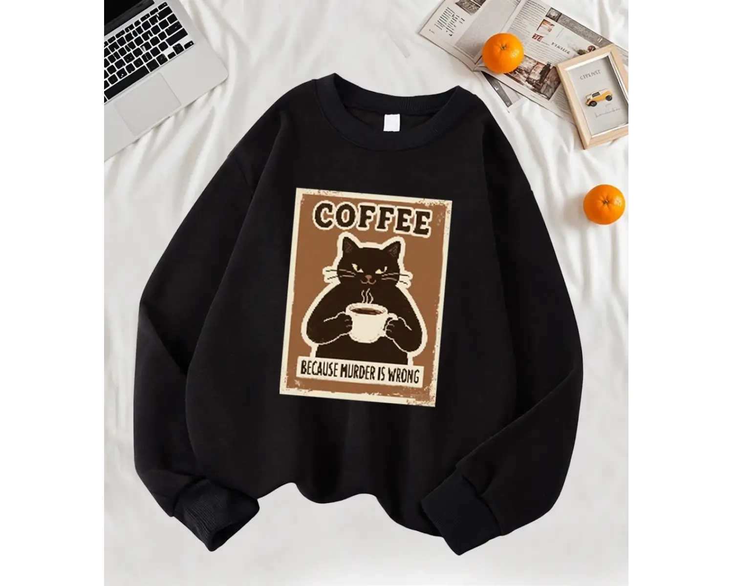 Çünkü Cinayet Yanlış Kahve Siyah Kedi Baskı Kazak Kadın Sonbahar Rahat Hipster Yumuşak Kazak