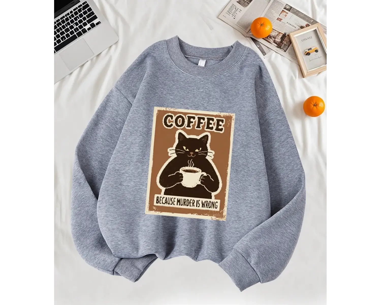 Çünkü Cinayet Yanlış Kahve Siyah Kedi Baskı Kazak Kadın Sonbahar Rahat Hipster Yumuşak Kazak