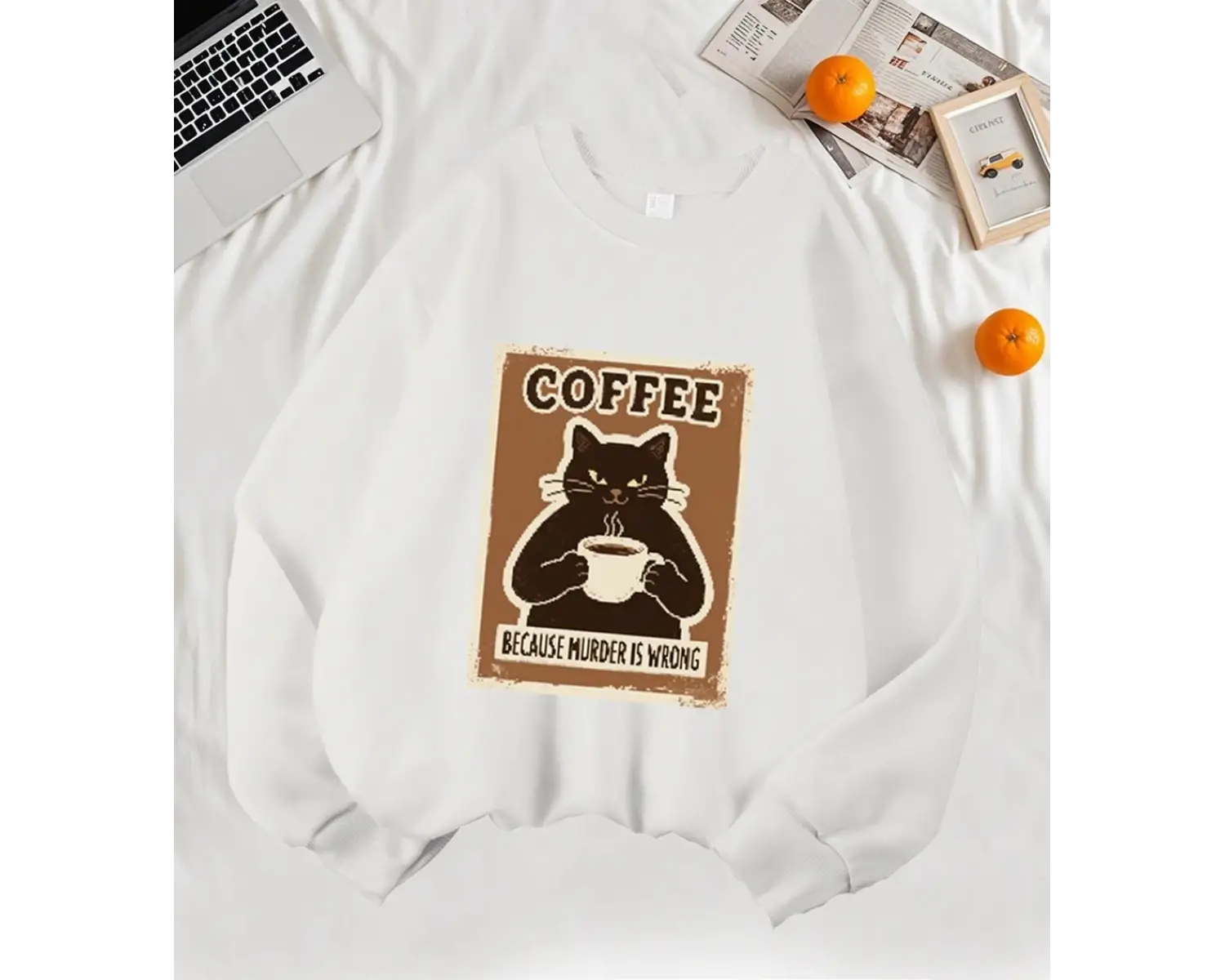 Çünkü Cinayet Yanlış Kahve Siyah Kedi Baskı Kazak Kadın Sonbahar Rahat Hipster Yumuşak Kazak