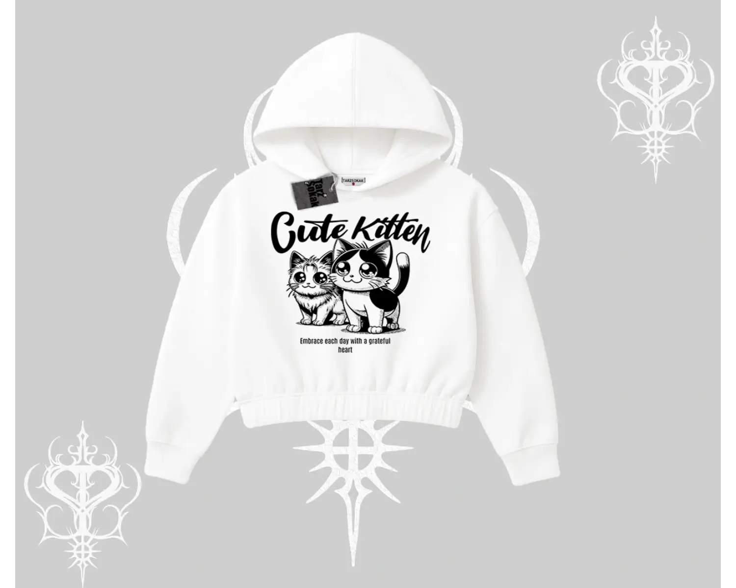 Cute Kitten Yazılı Sevimli Kedi Baskılı Kapşonlu Crop Sweatshirt