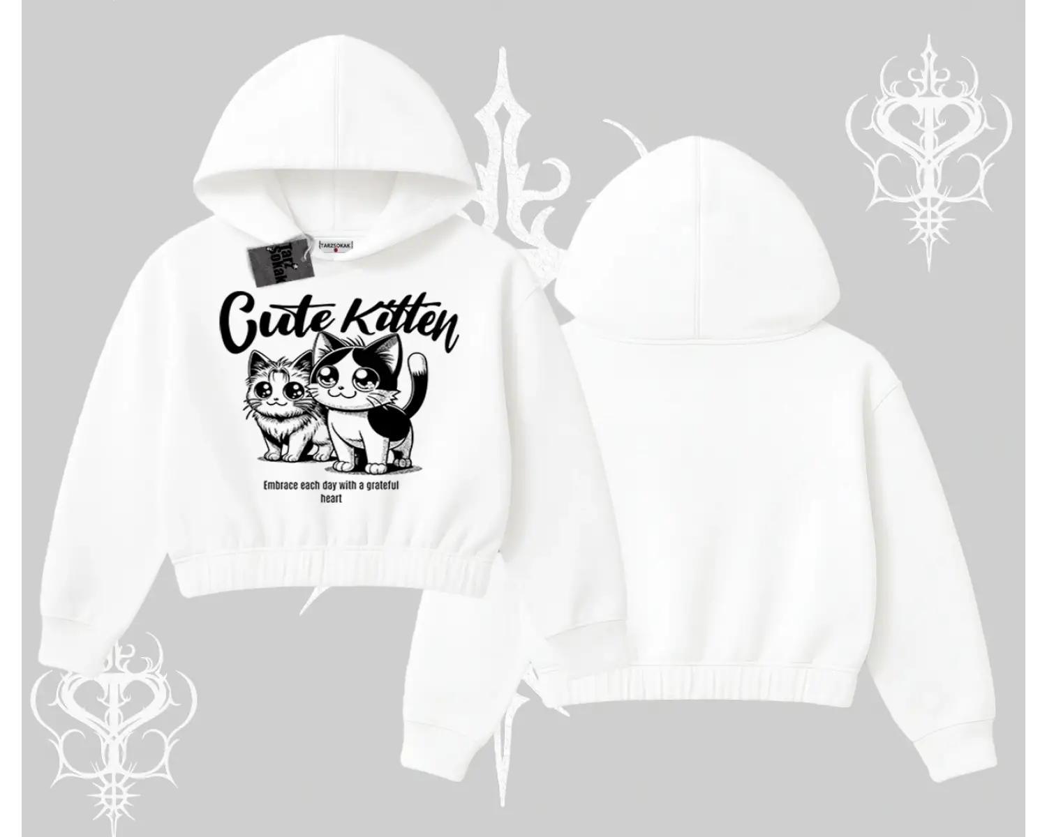 Cute Kitten Yazılı Sevimli Kedi Baskılı Kapşonlu Crop Sweatshirt