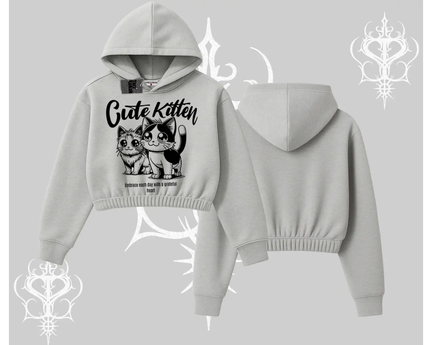 Cute Kitten Yazılı Sevimli Kedi Baskılı Kapşonlu Crop Sweatshirt