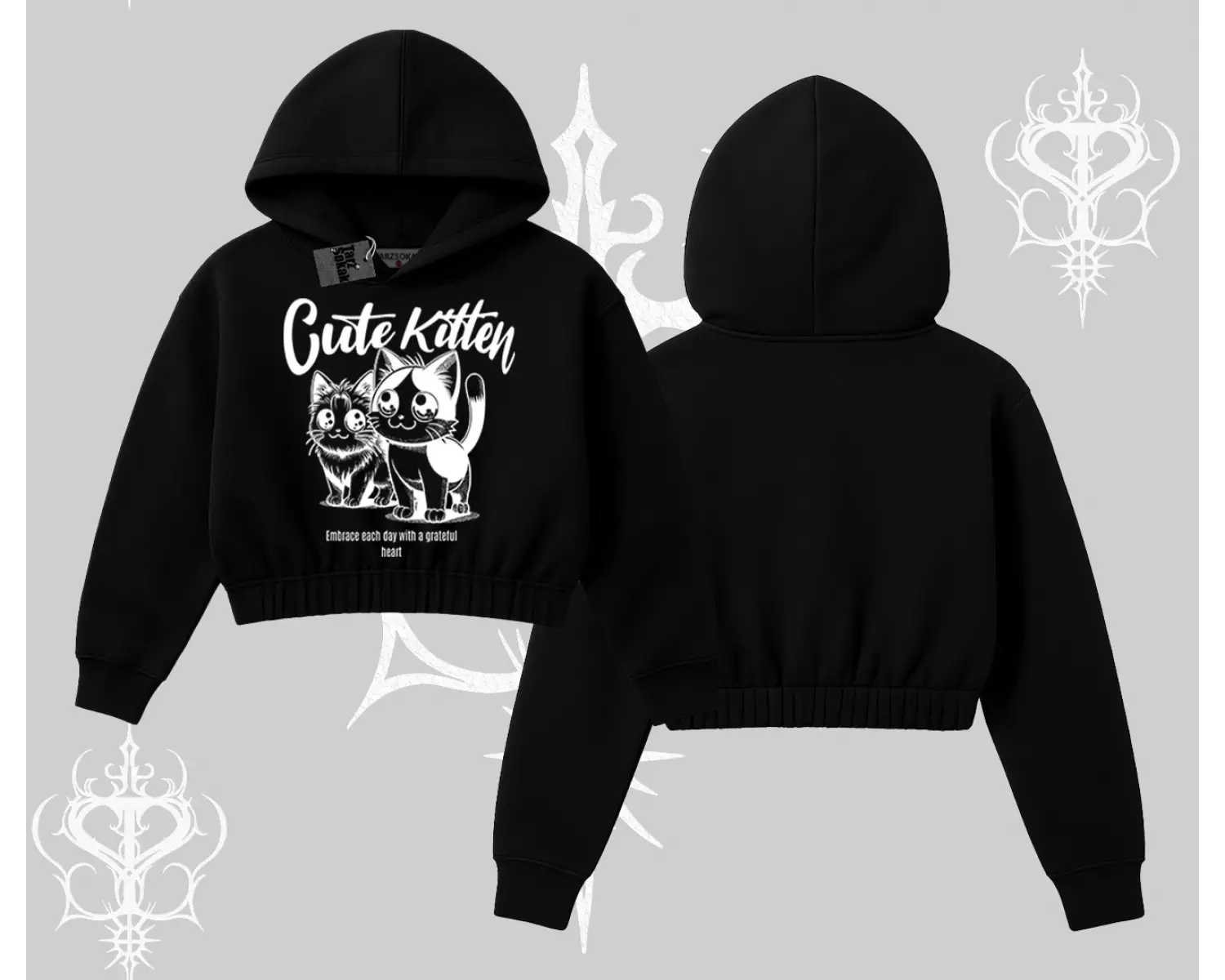 Cute Kitten Yazılı Sevimli Kedi Baskılı Kapşonlu Crop Sweatshirt