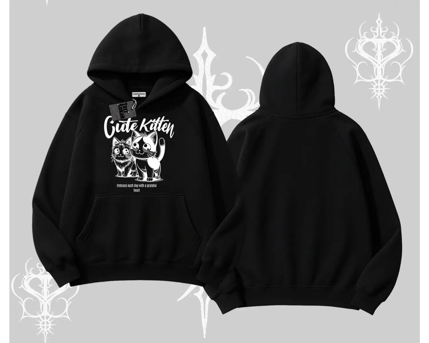 Cute Kitten Yazılı Sevimli Kedi Baskılı Kapşonlu Sweatshirt