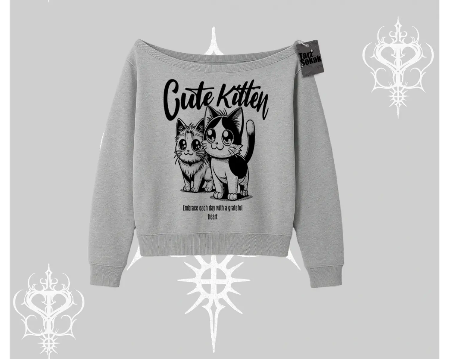 Cute Kitten Yazılı Sevimli Kedi Baskılı Kayık Yaka Sweatshirt