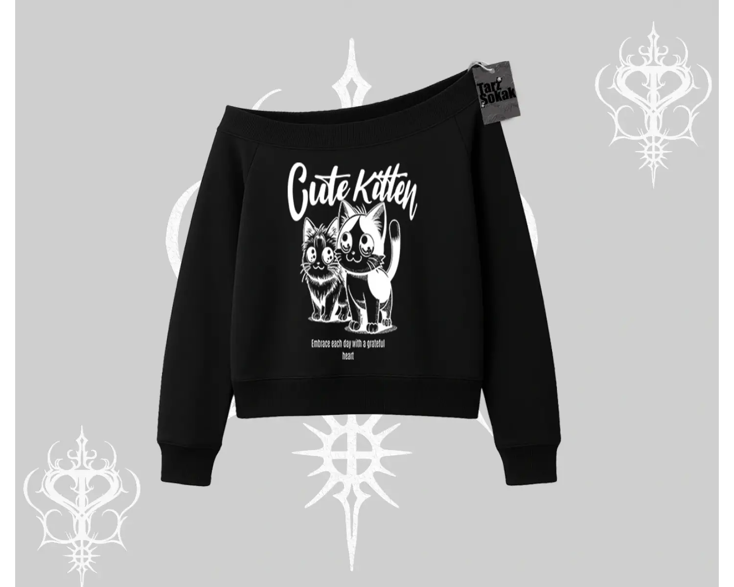 Cute Kitten Yazılı Sevimli Kedi Baskılı Kayık Yaka Sweatshirt